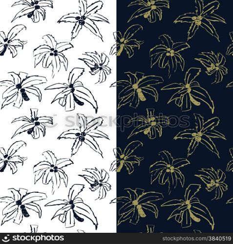 Seamless pattern with coconut trees on two colors. Hand drawn.