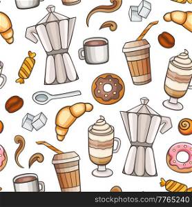 Seamless pattern with coffee and sweets on a white background. Vector illustration