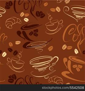 Seamless pattern with coffee cups, beans, croissant, calligraphic text COFFEE. Background design for cafe or restaurant menu.