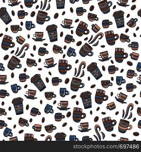 Seamless pattern with coffee. Endless background of cups with hot beverage in doodle style. Vector illustration.