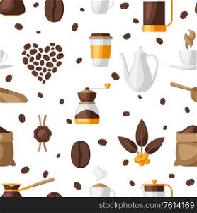 Seamless pattern with coffee icons. Food illustration of beverage items. Background for coffee shop, bar and cafe.. Seamless pattern with coffee icons. Food illustration of beverage items.
