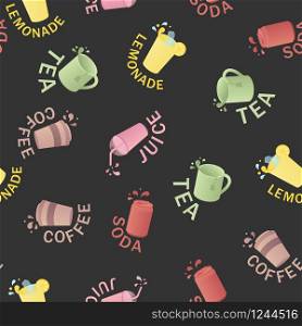 Seamless pattern with coffee paper cup, tea ceramic cup, soda can and glass lemonade on black background