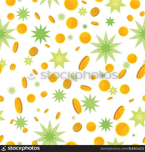 Seamless Pattern with Coins and Star Splashes.. Seamless pattern with golden coins falling down and star splashes. Cartoon style. Golden money. Business success, bank credits, deposit, investment, saving, fortune concept. Modern flat design. Vector