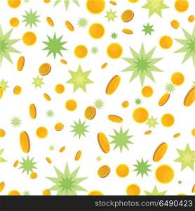 Seamless Pattern with Coins and Star Splashes.. Seamless pattern with golden coins falling down and star splashes. Cartoon style. Golden money. Business success, bank credits, deposit, investment, saving, fortune concept. Modern flat design. Vector