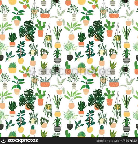 Seamless pattern with collection of hand drawn indoor house plants on white background. Collection of potted plants. Colorful flat vector illustration