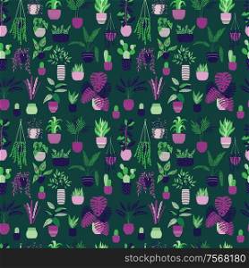 Seamless pattern with collection of hand drawn indoor house plants on white background. Collection of potted plants. Colorful flat vector illustration