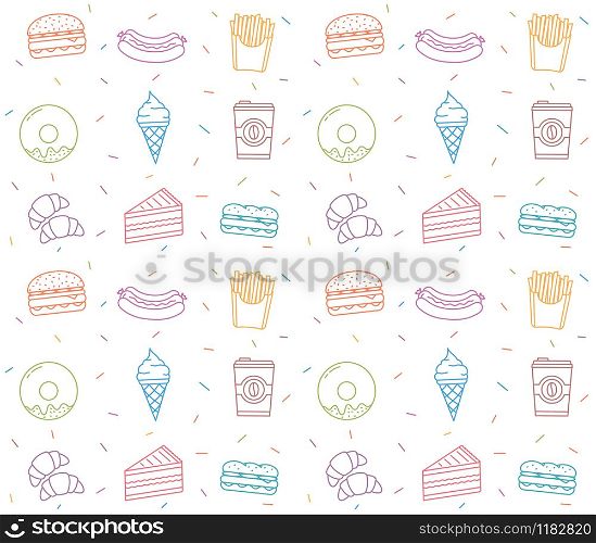 Seamless pattern with colored fast food line icons, vector eps10 illustration. Fast Food Seamless Pattern