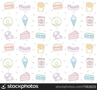 Seamless pattern with colored fast food line icons, vector eps10 illustration. Fast Food Seamless Pattern