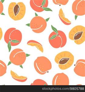 Seamless pattern with colored peaches. Decorative stylized fruits and leaves.. Seamless pattern with colored peaches. Decorative fruits and leaves.