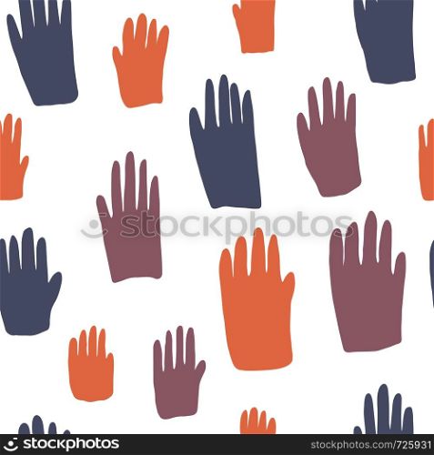 Seamless pattern with colored people hand prints on white background. Hand draw vector illustration. Seamless pattern with colored people hand prints