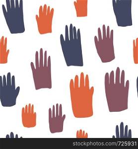 Seamless pattern with colored people hand prints on white background. Hand draw vector illustration. Seamless pattern with colored people hand prints