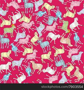 Seamless pattern with colored sheeps over a vibrant magenta background