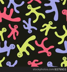 Seamless pattern with colored smiling little people. Groovy background for T-shirt, textile and print. Doodle vector illustration for decor and design.