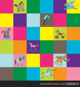 Seamless pattern with colored tiles and hand drawn illustrations of toy horses for kids