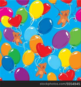 Seamless pattern with colorful balloons and teddy bears on sky blue background. Ready to use as swatch