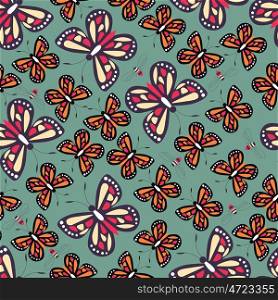 Seamless pattern with colorful butterflies and bees, nature life, vector illustration