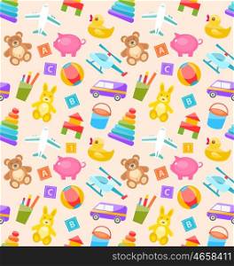Seamless Pattern with Colorful Children Toys. Illustration Seamless Pattern with Colorful Children Toys. Funny Texture with Cartoon Baby Joys - Vector
