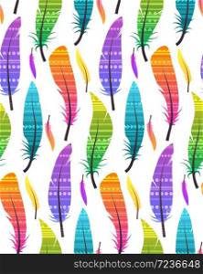 Seamless pattern with colorful different feathers with ethnic pattern on white background. Vector native texture for your wrappers, wallpaper and your design.. Seamless pattern with colorful different feathers with ethnic pattern on white background.