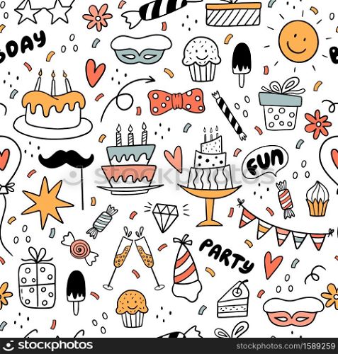Seamless pattern with colorful doodles with sun, cake, ice cream, candies, arrows, flowers.It can be used for wallpaper, packaging and textiles.