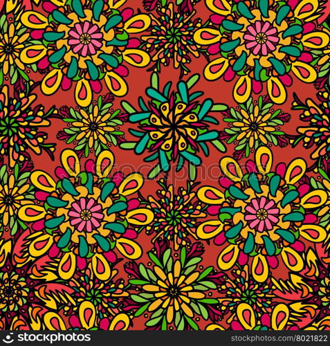 Seamless pattern with colorful drawn mandala flowers