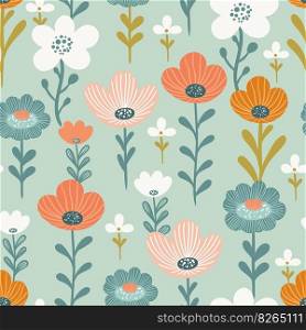 Seamless pattern with colorful flowers on green background.grass,