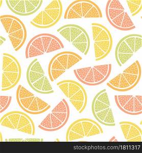 Seamless pattern with colorful fruits for textile design. Summer background in bright colors. Hand-drawn trendy vector illustration.