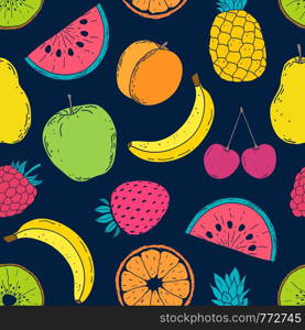 Seamless pattern with colorful fruits on black background