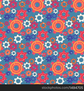 Seamless Pattern with Colorful Gears and Cogwheels on Blue Background. Industrial Technology Mechanical Engineering Ornament for Fabric Print, Wallpaper or Wrapping Paper. Flat Vector Illustration. Seamless Pattern with Colorful Gears and Cogwheels