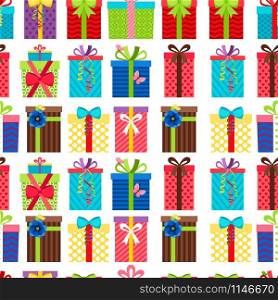 Seamless pattern with colorful gift boxes. Present cartons with ribbon vector background. Seamless pattern with gift boxes