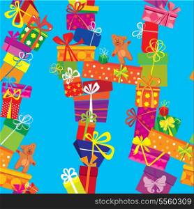 Seamless pattern with colorful gift boxes, presents and teddy bears on blue background. Ready to use as swatch