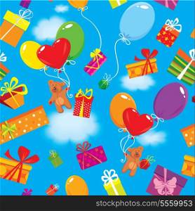 Seamless pattern with colorful gift boxes, presents, balloons and teddy bears on sky blue background with clouds.