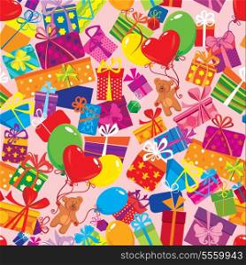 Seamless pattern with colorful gift boxes, presents, balloons and teddy bears on pink background.
