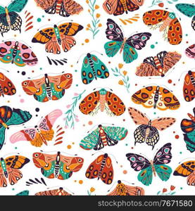 Seamless pattern with colorful hand drawn butterflies and moths on white background. Stylized flying insects with flowers and decorative elements, vector illustration. 