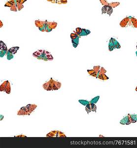 Seamless pattern with colorful hand drawn butterflies and moths on white background. Stylized flying insects, vector illustration. 