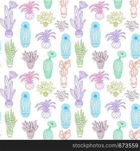 Seamless pattern with colorful hand drawn houseplant on white background.