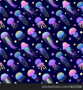 Seamless pattern with colorful hand drawn jellyfishes on dark blue background. pattern with colorful hand drawn jellyfishes