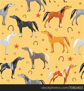 Seamless pattern with colorful horses, stars and horseshoes on yellow background