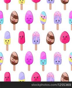 Seamless pattern with colorful ice cream in kawaii style on white background
