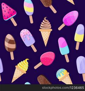 Seamless pattern with colorful ice cream on dark background