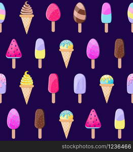 Seamless pattern with colorful ice cream on dark background