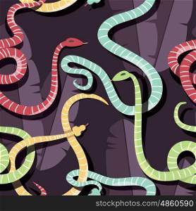Seamless pattern with colorful intertwined striped rain forest snakes, vector illustration