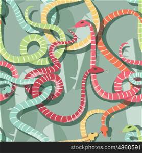Seamless pattern with colorful intertwined striped rain forest snakes, vector illustration