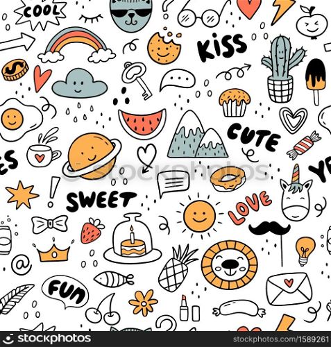 Seamless pattern with colorful lifestyle drawings. Design elements in trendy doodle style - cat, lion, phrases, mountains, rainbows, hearts, etc. Can be used for wallpaper, packaging, textiles.