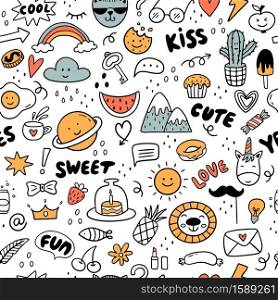Seamless pattern with colorful lifestyle drawings. Design elements in trendy doodle style - cat, lion, phrases, mountains, rainbows, hearts, etc. Can be used for wallpaper, packaging, textiles.