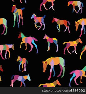 Seamless pattern with colorful mosaic foals (standing and running) on black background