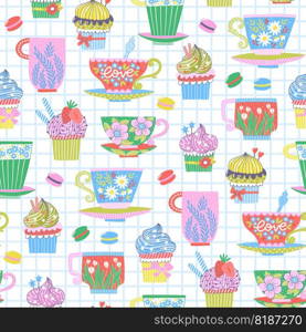 Seamless pattern with colorful painted tea cups and cupcakes for textile design. Kitchen decorative background in bright colors. Hand-drawn trendy vector illustration with mugs, sweets and flowers.