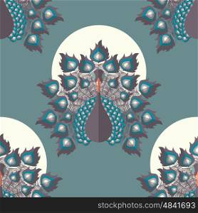 Seamless pattern with colorful peacock birds and feathers, hand drawn, vector illustration