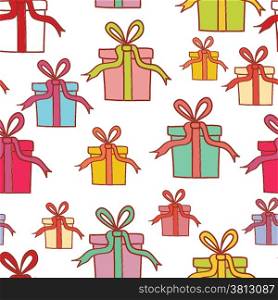 Seamless pattern with colorful present boxes. Vector illustration for Christmas or birthday card.