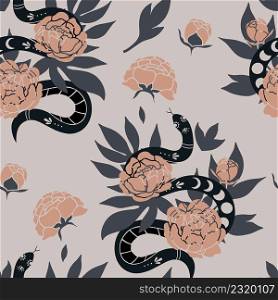 Seamless pattern with colorful snakes and flowers. Vector illustration with hand-drawn reptiles.