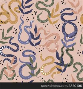 Seamless pattern with colorful snakes and leaves. Vector illustration with hand-drawn reptiles.